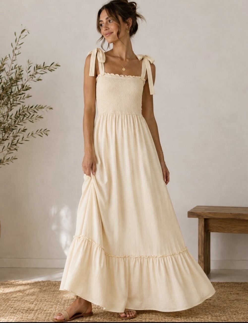 ZESICA Cream Smocked Maxi Dress M Tie Shoulder Ruffle Boho Cottagecore
